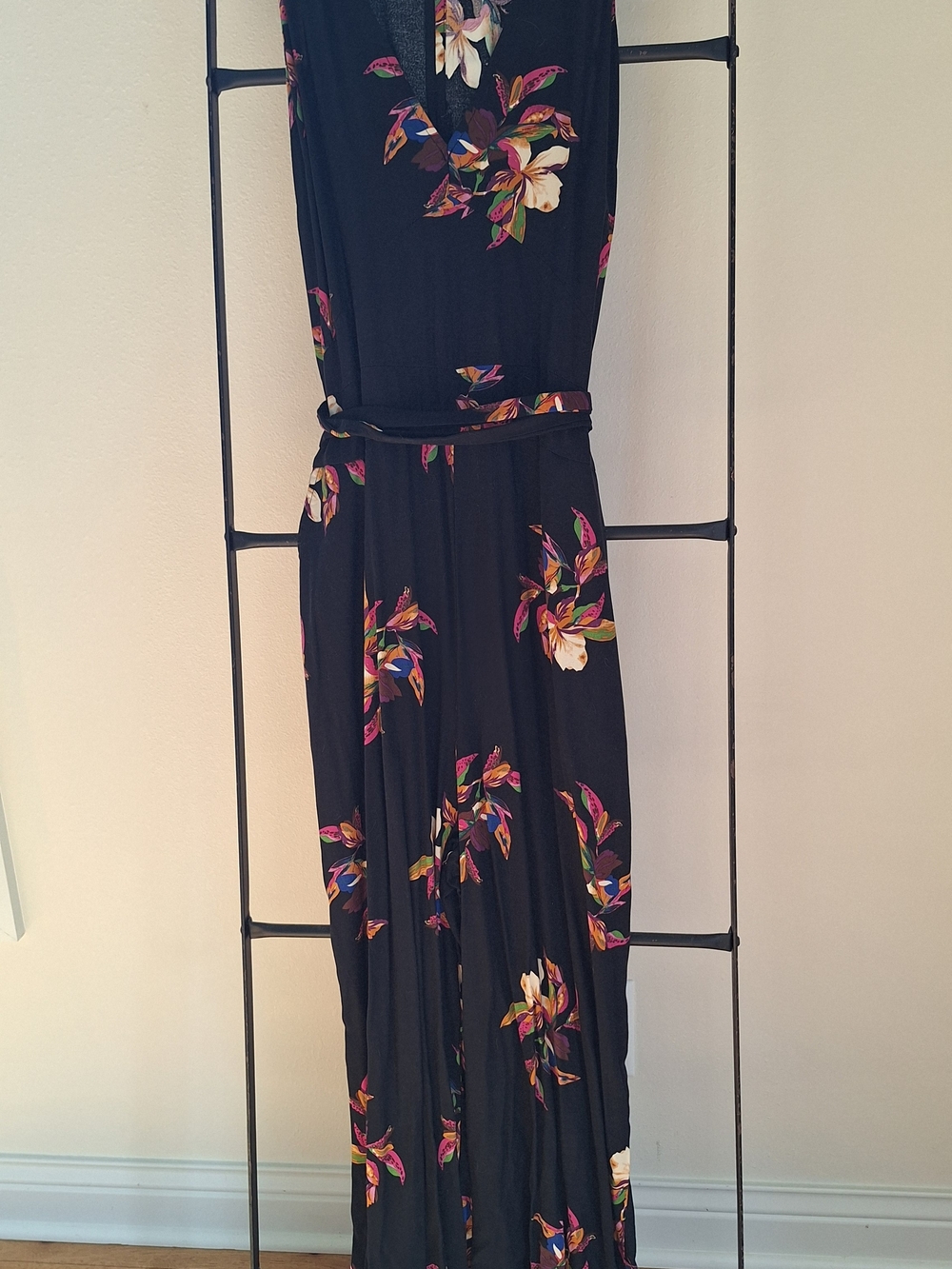 Black Floral Jumpsuit with V-Neck and Tie Waist